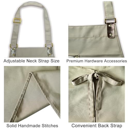 Barista Tools Apron for Women Hairstylists Servers Waterproof Canvas Kitchen Apron with 3 Pockets for Cooking Gardening (Ivory)
