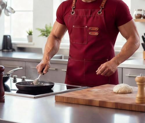 Canvas Cross Back Chef Cotton Apron for Men Women (Red)