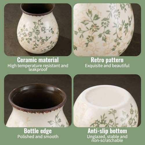 Rustic Ceramic Utensil Holder for Kitchen Counter Farmhouse Cooking Utensil Crock Vintage Kitchen Utensil Organizer Spatula Spoon Holder for Countertop Kitchen Decor (Green)