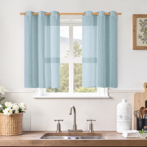40 Inch Length Sheer Linen Curtains for Small Windows 2 Panels (34"W x 40"L (Pack of 2) / Stone Blue)