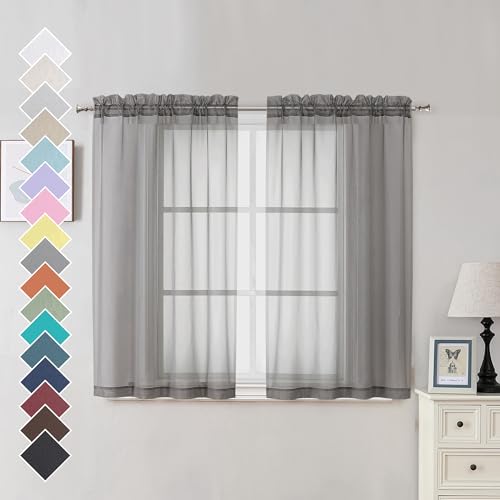 Voile Sheer Curtains with Decorative Rod Pocket (Charcoal Grey / 42"W x 45"L (Pack of 2))
