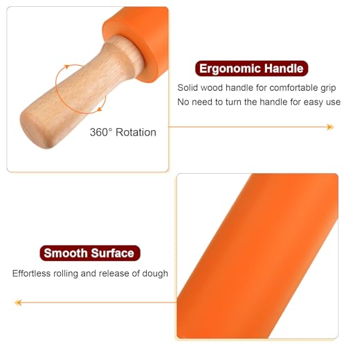 Silicone Rolling Pins for Baking 15 Inch Wooden Handle Non Stick Rolling Pin Small Roller Playdough Rolling Pins for Dough Pizza Pastry Fondant Kitchen (Orange / 38cm x 5.2cm)