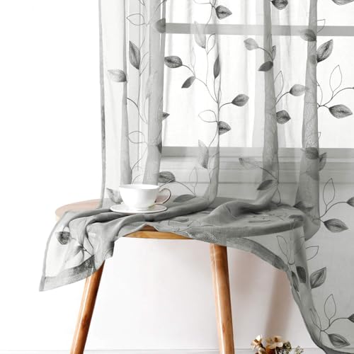 Light Grey Sheer Curtains Leaf Embroidered (52"W x 96"L (Pack of 2) / 3-grey)