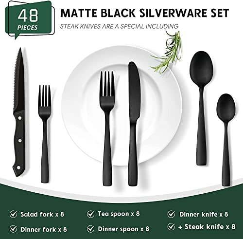 48 Piece Matte Black Silverware Set with Steak Knives