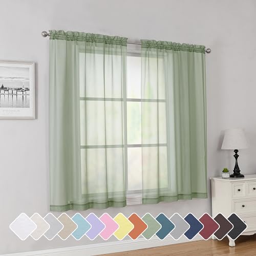 Sage Short Sheer Curtains 45 Inch Length for Small Windows (Sage Green / 42"W x 45"L (Pack of 2))