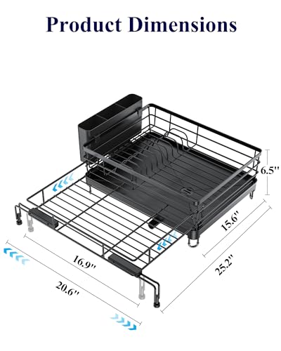 Adjustable Dish Drying Rack (Black / 15.6''-25.2''L × 16.9''W × 8.1''H)