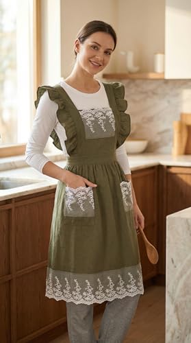 Vintage Aprons for Women (Olive Green)