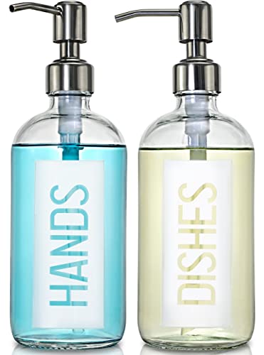 2Pack 18OZ Glass Soap Dispenser with Hands & Dishes Printed Label (White With White Pump)