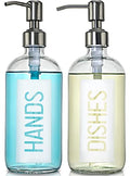 2Pack 18OZ Glass Soap Dispenser with Hands & Dishes Printed Label (White With White Pump)