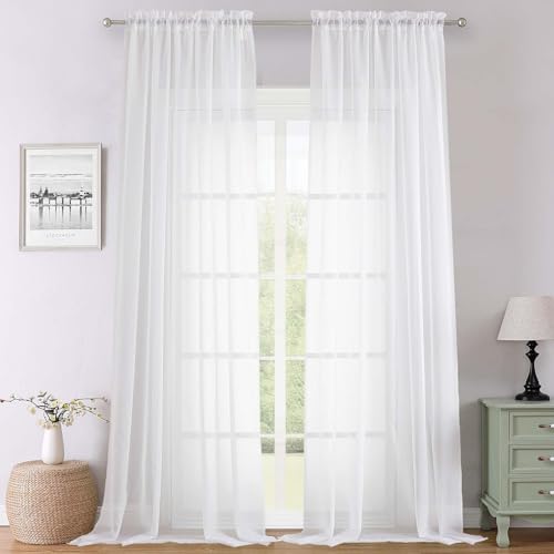 White Sheer Curtains 108 Inches Long 2 Panels (White / 59"W x 108"L (Pack of 2))