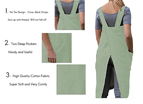 Cotton Linen Apron Blend Dress with Big Pockets for Women Square Pinafore Dress for Baking Cooking BBQ & Grill (Light Green / Large)