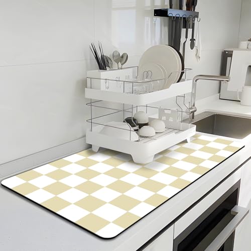 Checkered Dish Drying Mat for Kitchen (Beige & White / 16" x 24")