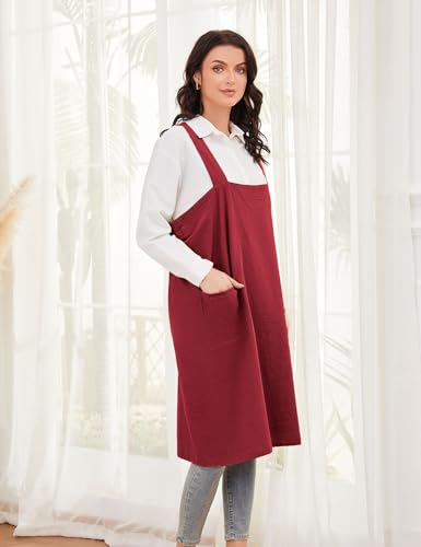 Women's Cotton Cross Back Pinafore with Big Pockets Practical Aprons for Gardening Works (XX-Large / Wine)