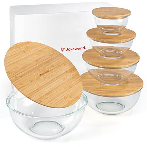 Stackable Glass Mixing Bowls with Bamboo Lids Set of 5 (Natural)