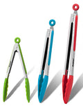 Non Stick Silicone Locking Tong Set of 3 (7+9+12 Inch / 3 Pcs Silicone - Blue, Red, Green)