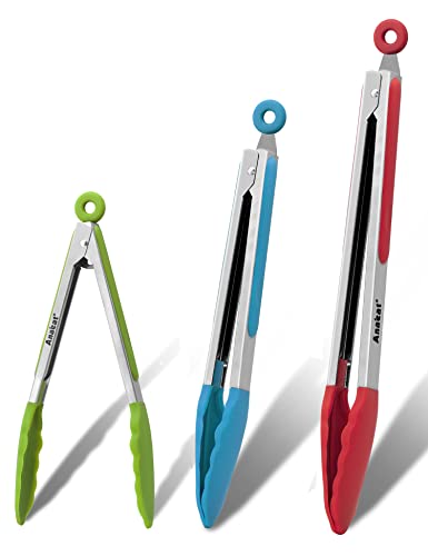 Non Stick Silicone Locking Tong Set of 3 (7+9+12 Inch / 3 Pcs Silicone - Blue, Red, Green)