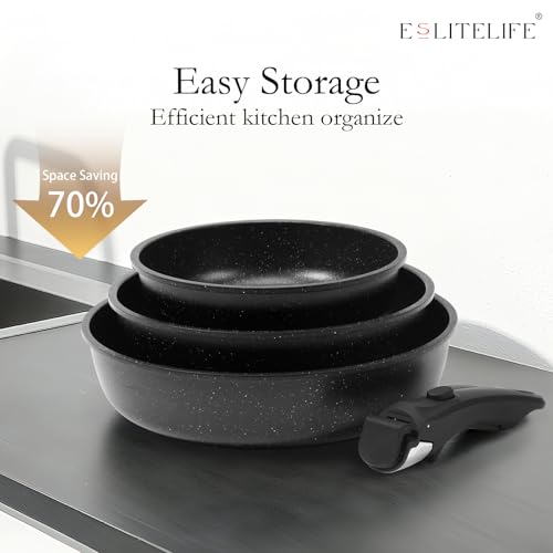 Nonstick Ceramic Frying Pans Skillets Set with Lids & Detachable Handle (Black / 7 Pcs Set: 8"+9.5"+11"+Lids)