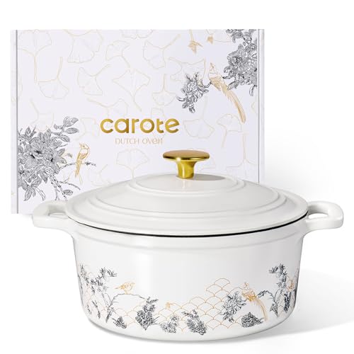 Cast Iron Dutch Oven Pot with Lid (White Bird & Floral / 5QT)
