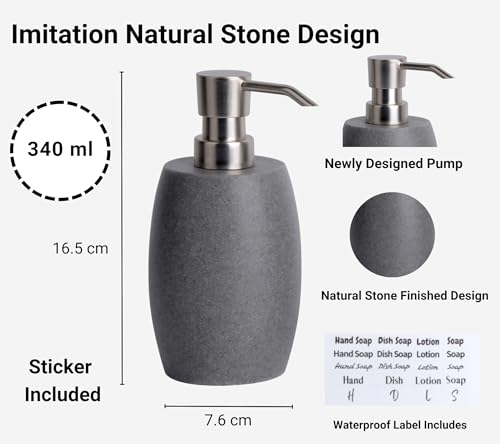 Sandstone Textured Resin Soap Dispenser with Metallic Pump and Waterproof Bottle Labels for Bathroom Kitchen Dish Hand Wash Shower Lotion Shampoo (Dark Gray_2 Pcs)