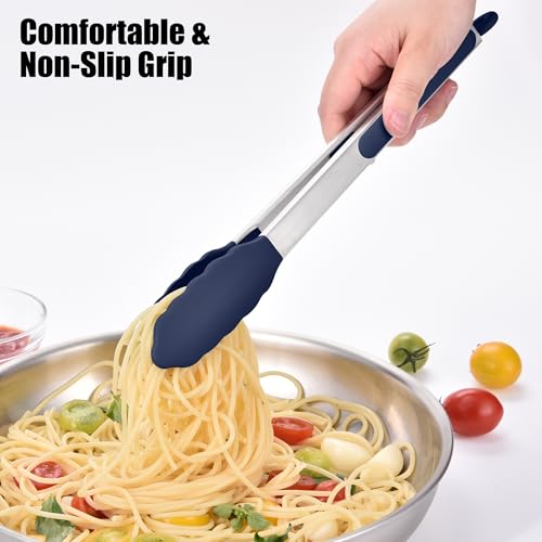 Kitchen Tongs with Silicone Tips for Cooking Serving (Set of 2 (9+12in) / Navy Blue)