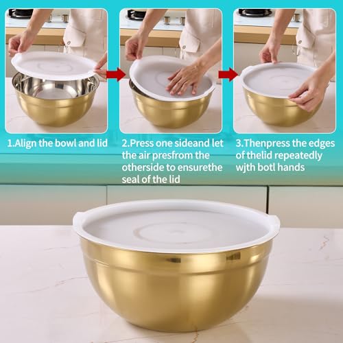 6 Piece Gold Mixing Bowls Set With Lids for Kitchen (Gold / 6 Piece)