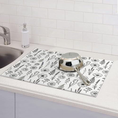Black and White Floral Aesthetics Dish Drying Mat (Black/White / 24" x 18")