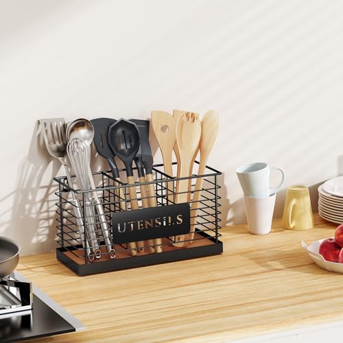 Utensil Holder for Kitchen Counter Large Black Metal Cooking Utensil Organizer 3 Compartments for Countertop Kitchen Tool Spatula Holder Wood Base (Brown-3 Slots)