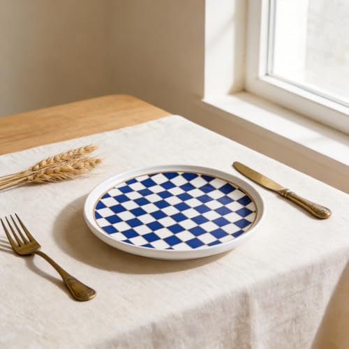Ceramic Checkered Serving Plate with Gold Accent (Blue)