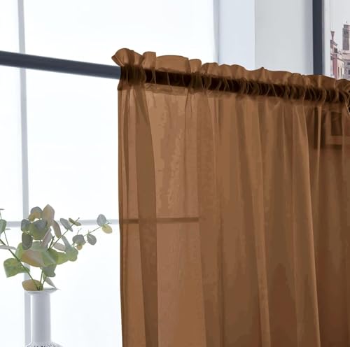 Basic Rod Pocket Sheer Voile Window Curtain Panels Brown 1 Pair 2 Panels 26 Width 24 Inch Long for Kitchen Bedroom Children Living Room Yard (Brown / 26"W x 24"L (Pack of 2))
