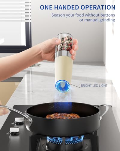 Gravity Electric Salt and Pepper Grinder Set Automatic Salt and Pepper Grinder Set with LED Light (Battery / Beige)