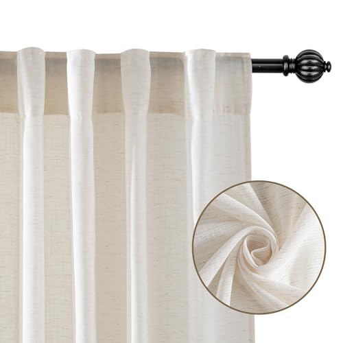 Linen Semi Sheer Curtains for Bedroom Living Room 95 inches Long (Ivory / 52"W x 95"L (Pack of 2))
