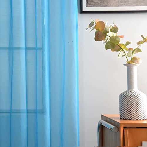 Basic Rod Pocket Sheer Voile Window Curtain Panels Cyan Blue 1 Pair 2 Panels 52 Width 108 Inch Long for Kitchen Bedroom Children Living Room Yard (Cyan Blue / 52"W x 108"L (Pack of 2))