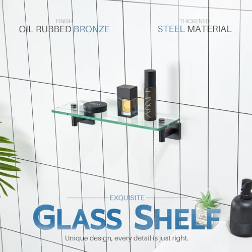 Wall Shelves Bathroom Hardware Glass Floating Shelf Small Hanging Rack Storage (Oil Rubbed Bronze / 16-Inch(2 Pack))