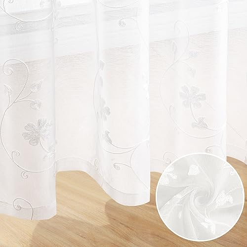 White Sheer Curtains 84 Inches Long 2 Panels White Embroidered Floral Pattern Semi Sheer Window Curtains for Bedroom Living Room (52"W x 84"L (Pack of 2) / White)