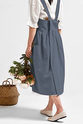 Japanese Cotton Cross Back Smock Apron for Women with Pockets Blue Grey (04 - Blue Grey Without Waist Ties)