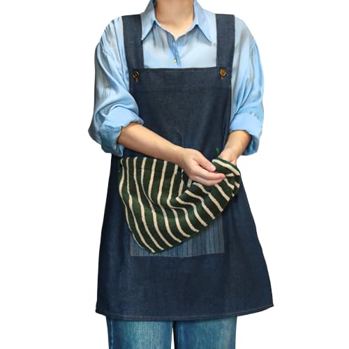 Kitchen Denim Apron with Detachable Hand Towel Clever Design for Clean Hands to Cook Apron with Pockets for Home