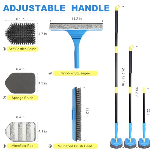 Tile Tub Scrubber Brush with 5 Different Function Cleaning Heads and 51" Extendable Long Handle Non Scratch Shower Scrubber for Cleaning Bathroom Kitchen Toilet Wall Bathtub