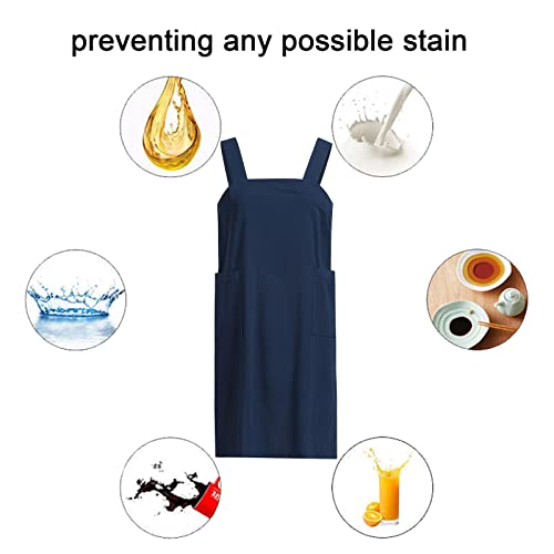 Pinafore Cross Back Apron for Women with Pockets (X-Large / Blue)