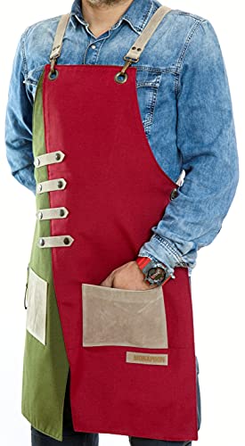Apron for Women and Men Waterproof Canvas Extra Pocket for Chef Barista Gardening BBQ Grilling Crossback Unisex (Green Red)