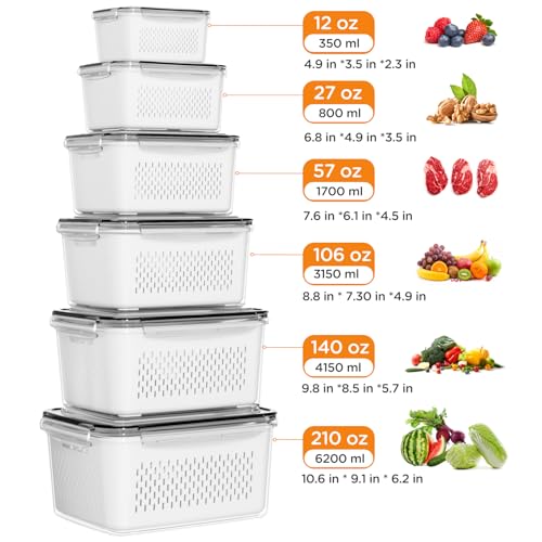 6 PCS Fruit Storage Containers for Fridge with Removable Colanders (6-Pack White)