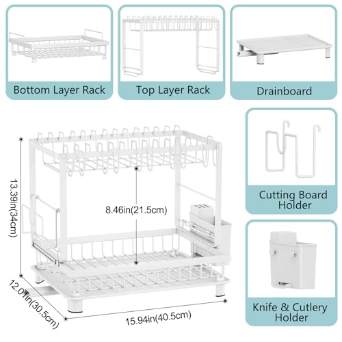 2 Tier Dish Drying Rack for Kitchen Counter (White)