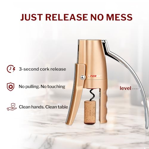 Quality Compact Vertical Lever Corkscrew Wine Opener with Foil Cutter. 3 Seconds to Open a Bottle of Wine. Champagne Gold (Gold)