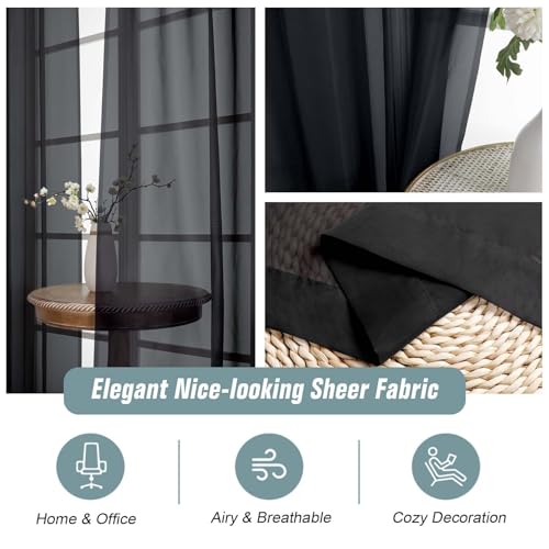 Halloween Black Sheer Curtains for Window 96 Inches Long 2 Panels Set (42"W x 96"L (Pack of 2) / Black)