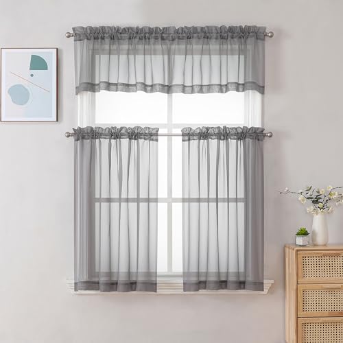 Sheer Curtains Tiers 42W x 24L Inches (Charcoal Grey / 42"W x 24"L (Pack of 2))