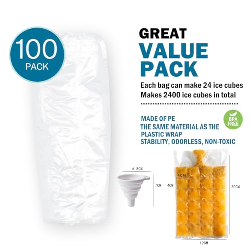 100PC Disposable Ice Cube Bags with Silicone Funnel (100 count pack)