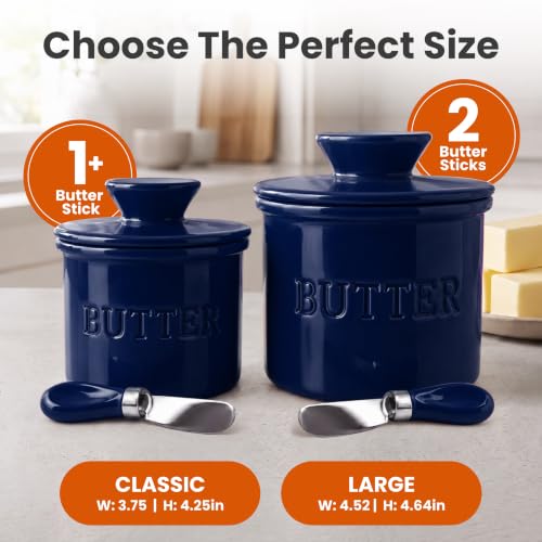 Butter Crock with Lid for Countertop with Spreader Knife and Water Line (Dark Blue / Regular)