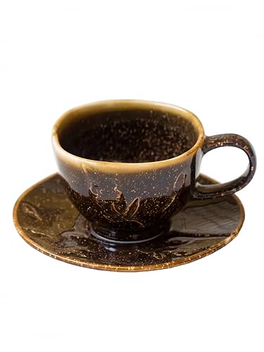 Ceramic Coffee Cup and Saucer Set 5.4oz (Brown-5.4oz)