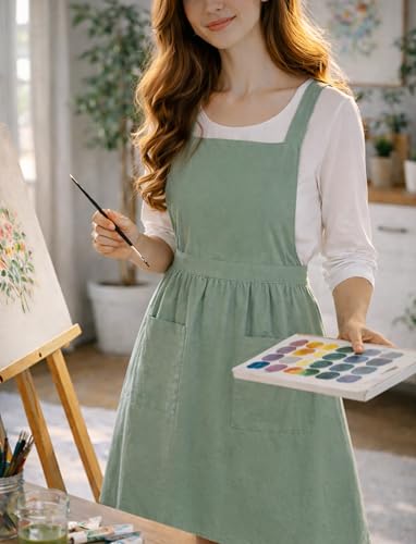 Cute Cotton Pinafore Aprons for Women with Pockets for Kitchen (Sage Green)