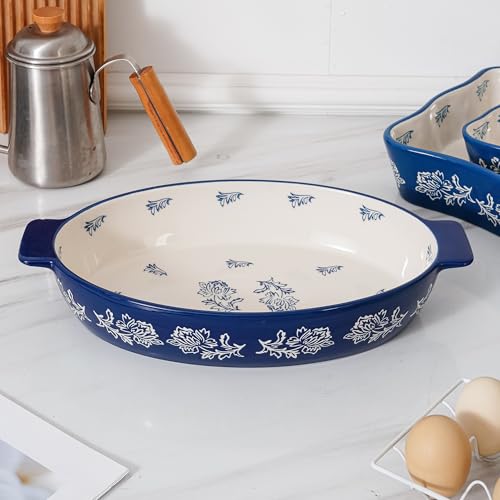 Casserole Dish Baking Dish Ceramic Au Gratin Baking Dish Lasagna Pan Oval Casserole Dishes for Oven (Blue)
