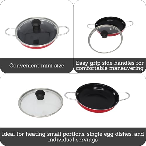 5.8 Inch Aluminum Black Ceramic Egg Pan Casserole with Glass Lid (Red)